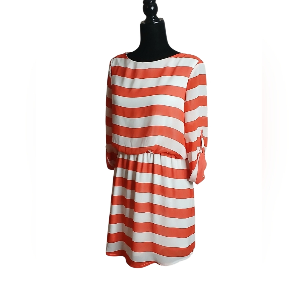 Charming Charlie Women's Salmon Color- Pink/Orange and White Striped Dress.